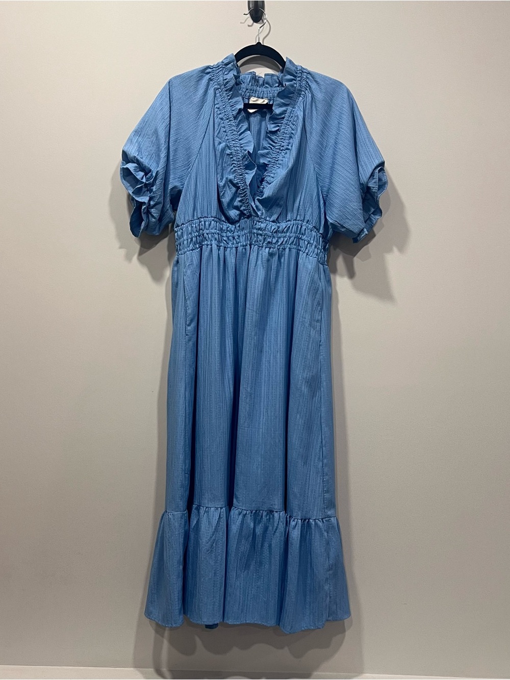 Umgee Light Blue Ruffle V-Neck Midi Dress
